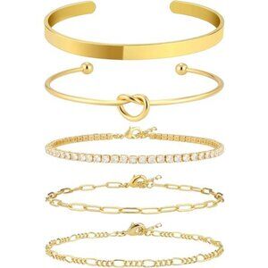 14K Gold Plated Stackable Bangle Cuff Bracelet Set for Women